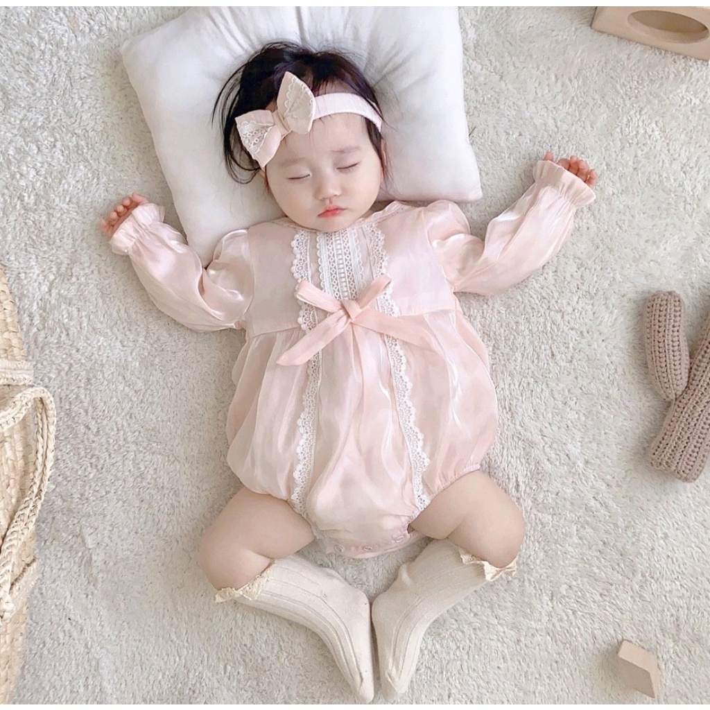 Set body công chúa tơ lụa dài tay kèm băng đô cho bé gái