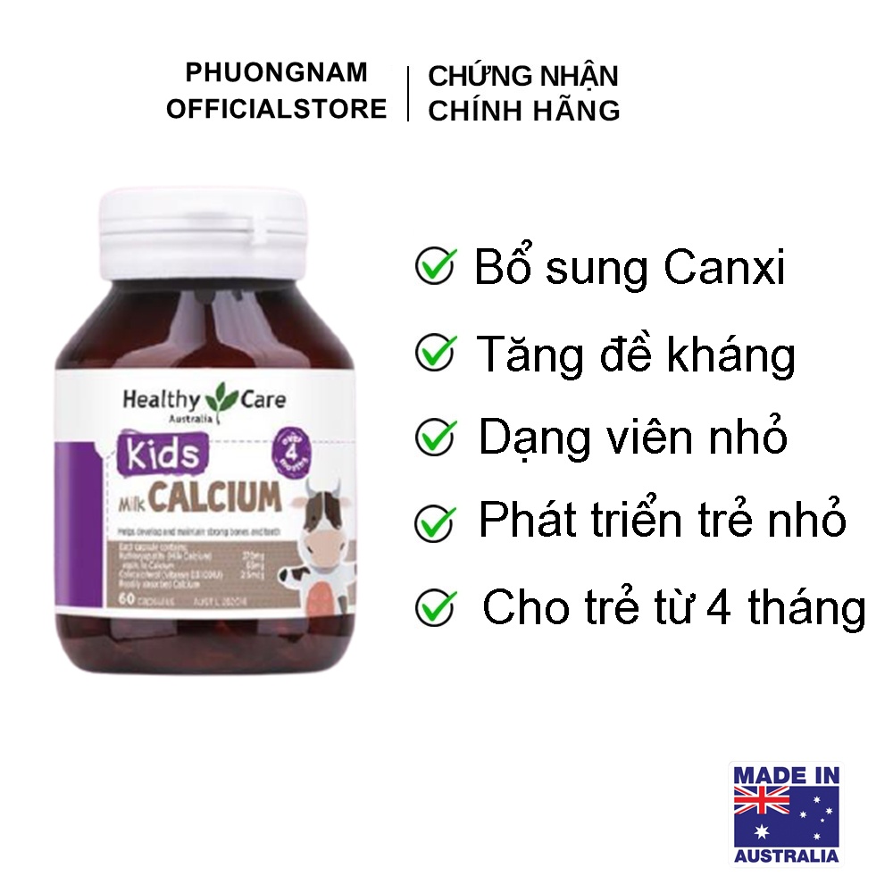 Canxi sữa (60v) bổ sung canxi và vitamin D3 cho bé từ 4 tháng tuổi Healthy Care Milk Calcium, Úc