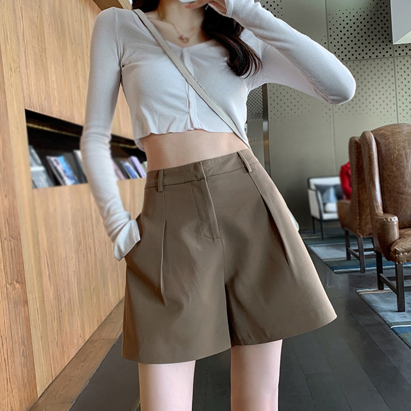 Quần Short Lưng Cao Ống Rộng Màu Sắc Trơn Phong Cách Vintage Hàn Quốc Cho Nữ
