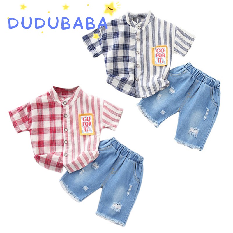 Set áo sơ mi tay ngắn và quần jean lưng thun phối rách cá tính thời trang cho bé trai