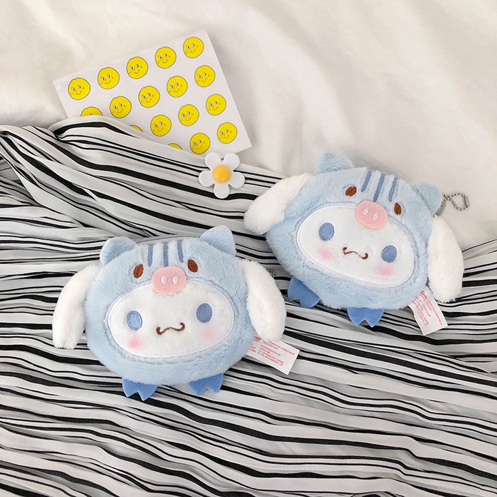 Ví lông nhung mềm kiểu Cinnamoroll Melody phong cách Nhật Bản có khóa kéo/ dây treo dễ thương dùng đựng tiền xu/ cáp USB