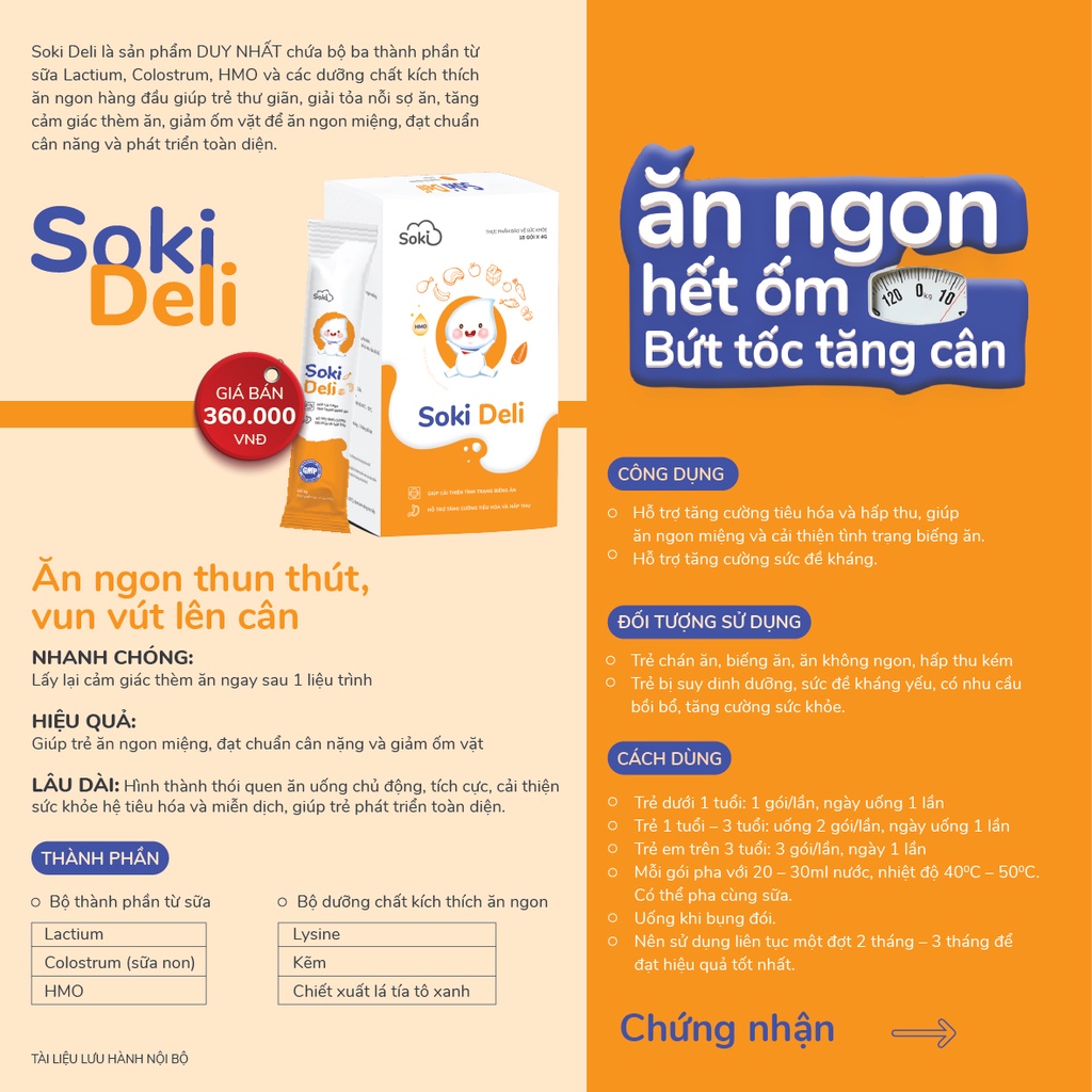 Soki Deli bột hòa tan giúp trẻ ăn ngon hết ốm, tăng cân, tiêu hóa khỏe 1 Hộp x 18 Gói x 4g