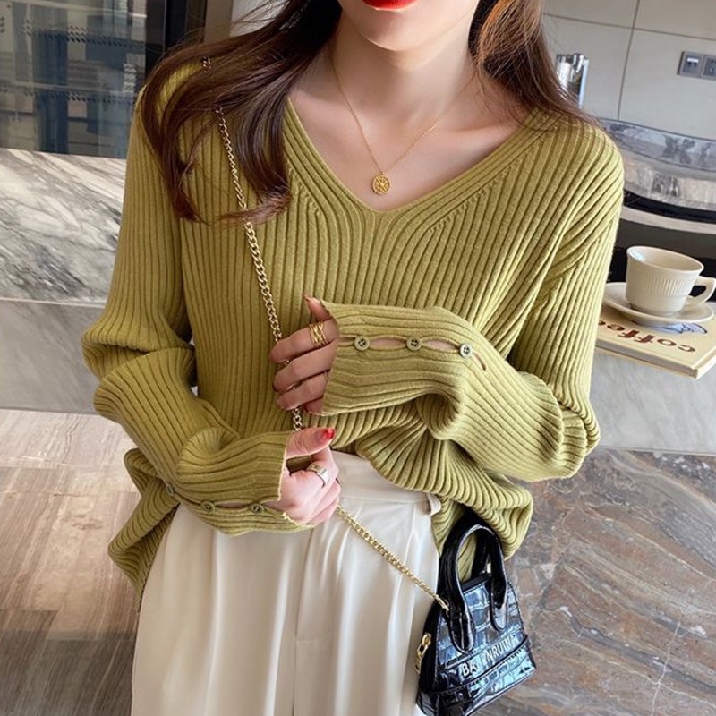 Áo Len Nữ Tay Dài Cổ Chữ v Màu Trơn Thời Trang