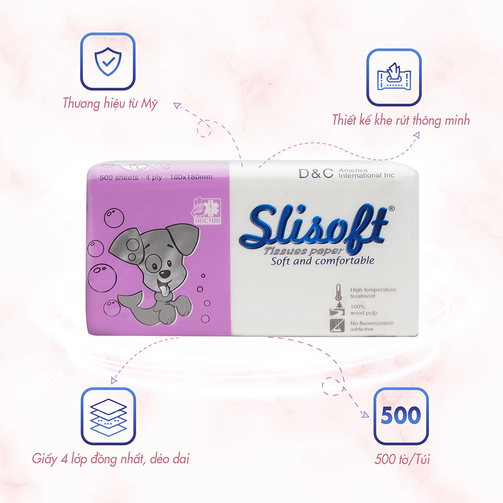 10 Bịch Giấy ăn Slisoft Doctor Care gói 500 tờ, khăn giấy khô Trắng tự nhiên từ bột tre an toàn không chất tẩy trắng