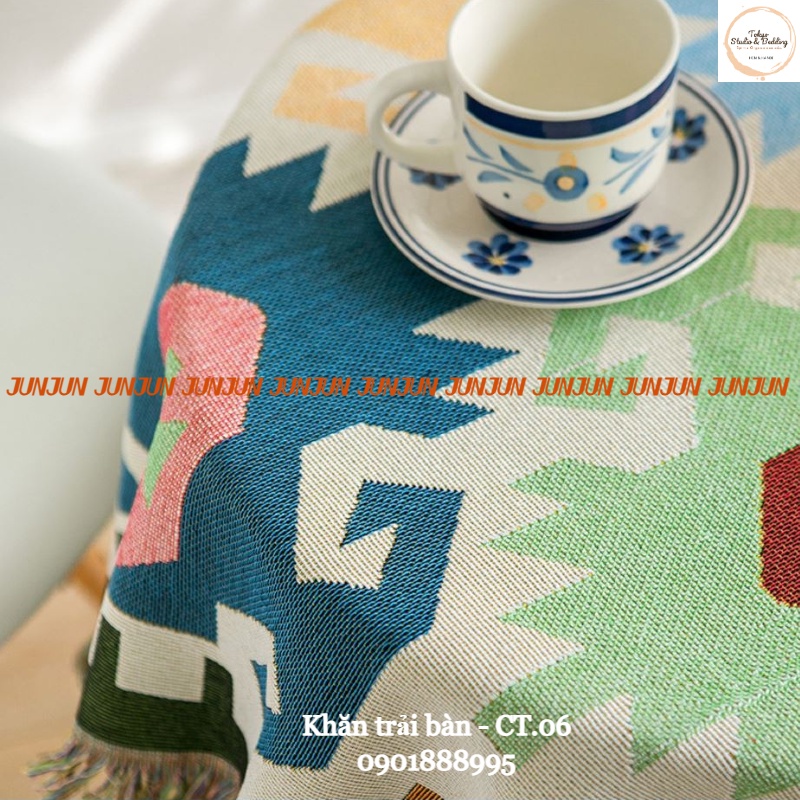 (1)TH Khăn trải bàn hình chữ nhật/bàn tròn cotton và lanh Morandi phong cách Bắc Âu