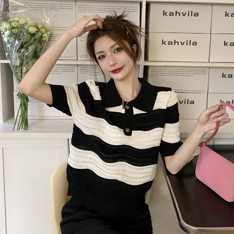 Áo thun ZHELIHANGFEI dệt kim cổ polo tay ngắn dáng rộng kẻ sọc ngang màu sắc tương phản cá tính