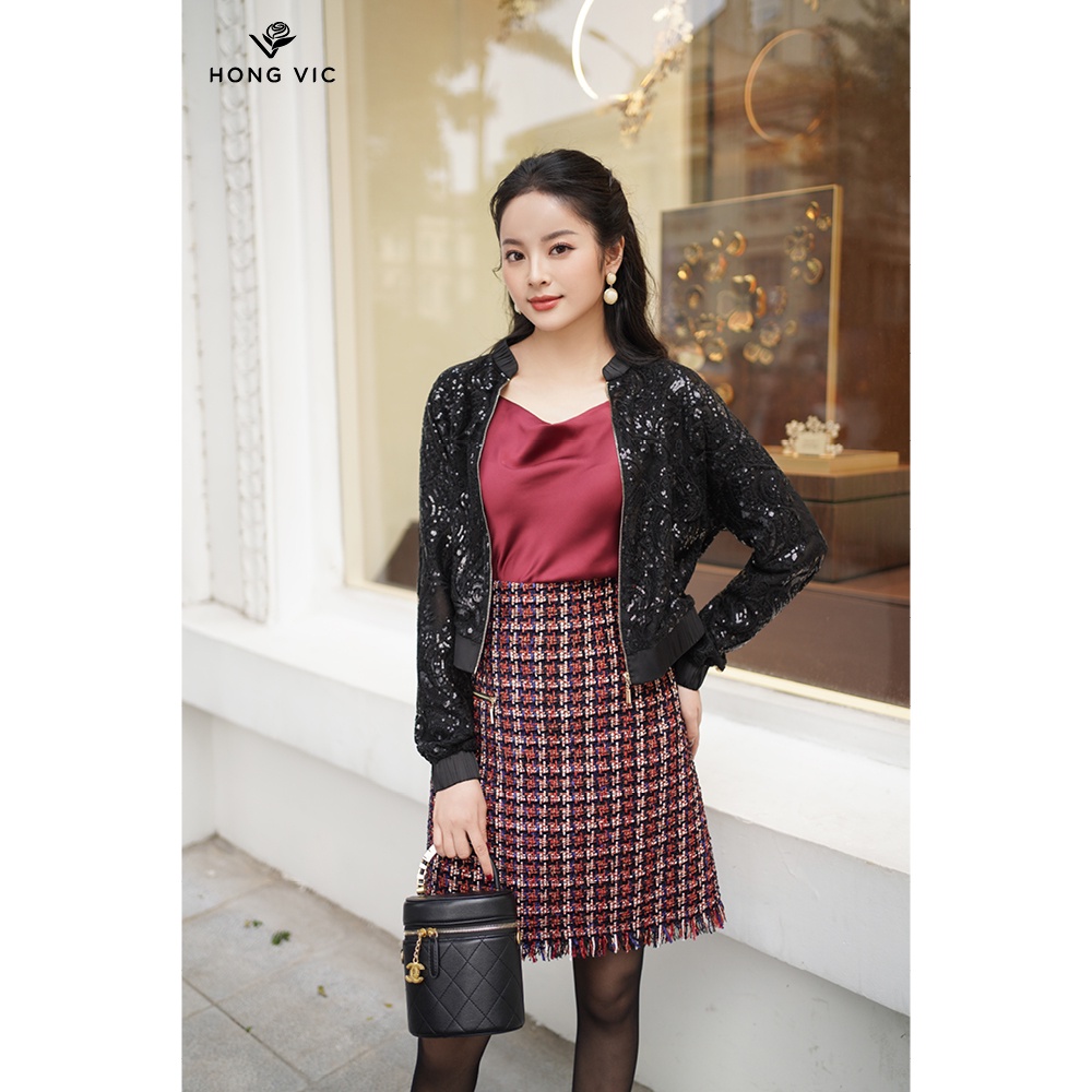 Áo khoác nữ thiết kế Hongvic đen kim sa SM343