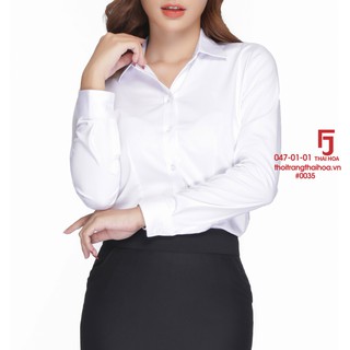 Áo sơ mi nữ dài tay Thái Hòa, màu trắng, thời trang công sở vải Cotton trơn đanh, mịn 047-01-01