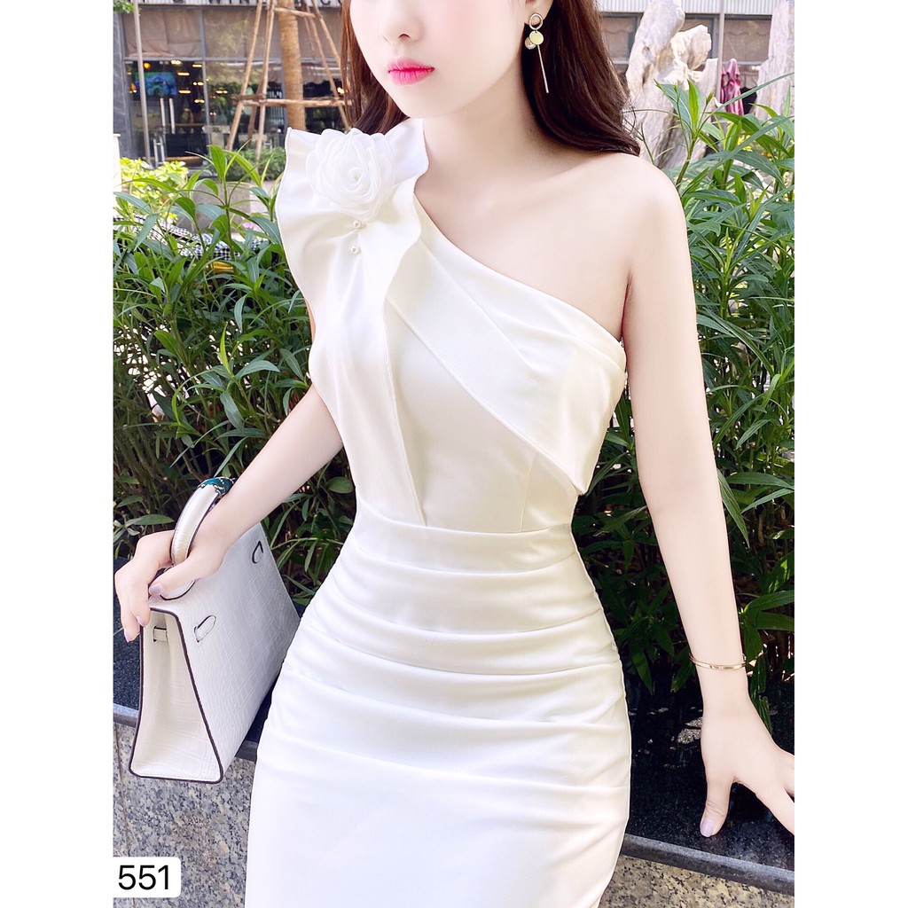 Váy Thiết Kế Dáng Ôm Body Trắng Lệch Vai V1551, Đầm Thiết Kế Dự Tiệc Cao Cấp - PK Official