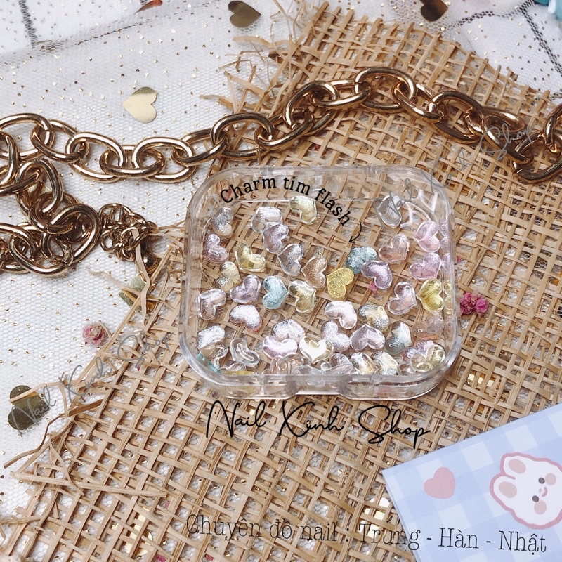Set 10 charm tim flash mắt mèo - phụ kiện nail hot
