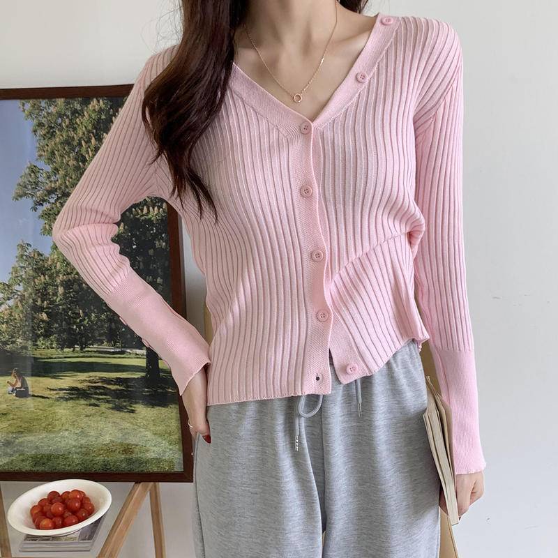 Cardigan jacket female Korean version of slim slimming retro knitted v-neck cardigan chic gentle wind niche short long-sleeved top