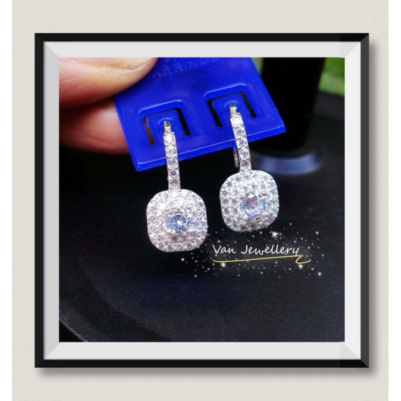 Bông tai bạc Bồng mặt vuông nạm đá sang chảnh Van Jewelry V10745