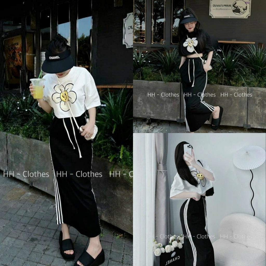 Sét bộ đồ nữ áo croptop tay ngắn cổ tròn họa tiết in hoa 3D trước ngực cực xinh mix chân váy kẻ sọc tôn dáng dư tiệc