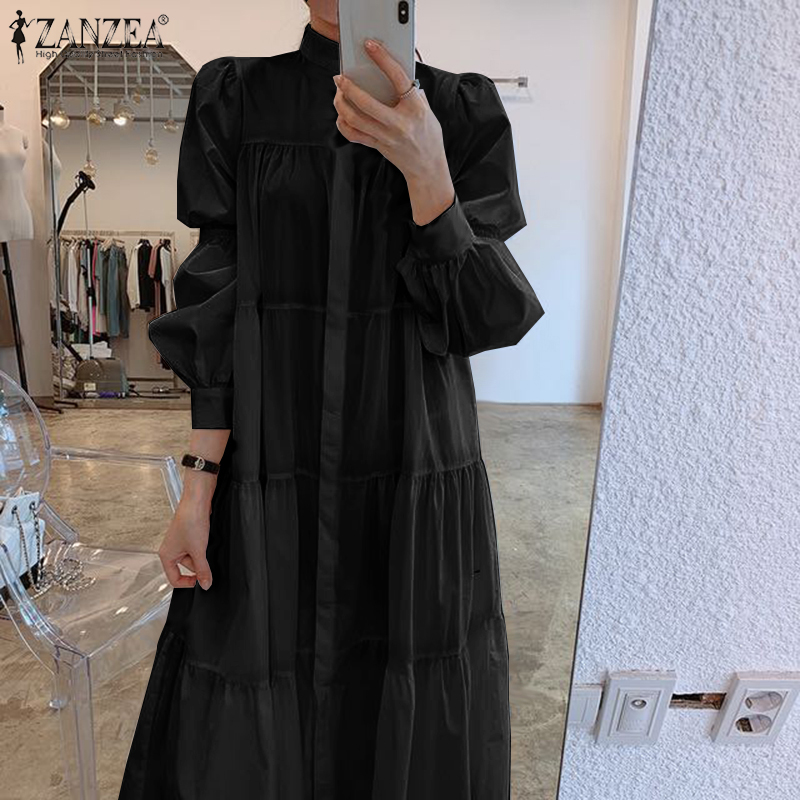  ZANZEA Đầm Nữ Dài Tay Cổ Bẻ Xếp Ly Thời Trang | BigBuy360 - bigbuy360.vn