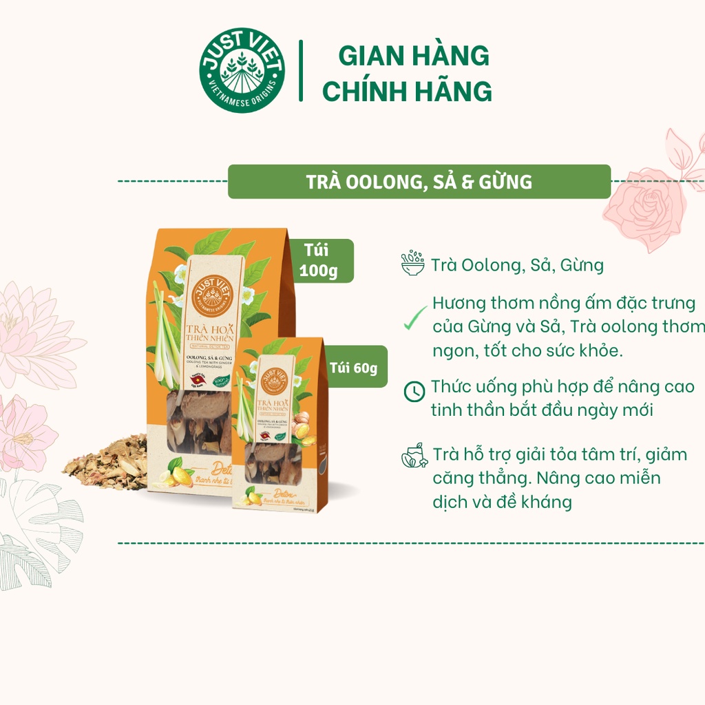 Trà Hoa Thiên Nhiên Detox Just Viet - Oolong Sả Gừng Sấy - Thanh Lọc - Tốt Cho Sức Khỏe