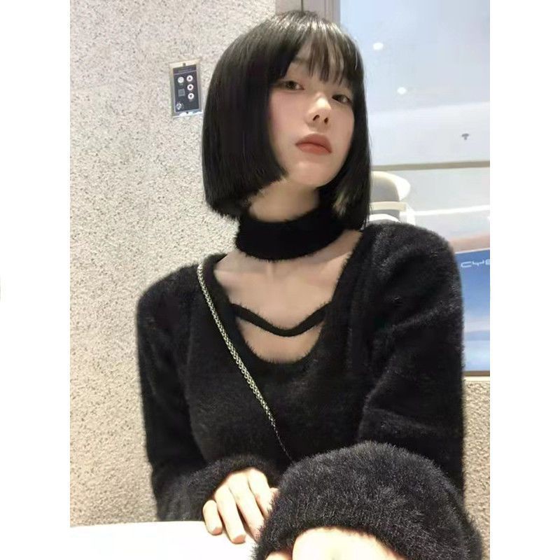 Áo Sweater Dệt Kim Hai Dây Màu Đen Dáng Ôm Ngắn Thời Trang Mùa Xuân Dành Cho Nữ