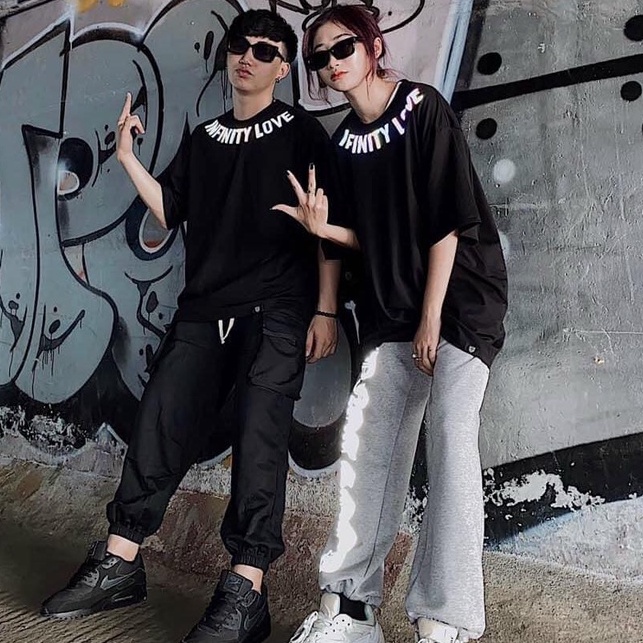 Áo thun phản quang 7 màu tay lỡ  Form Rộng INFINITY LOVE nam nữ unisex hai màu trắng đen oversize Siêu Chất