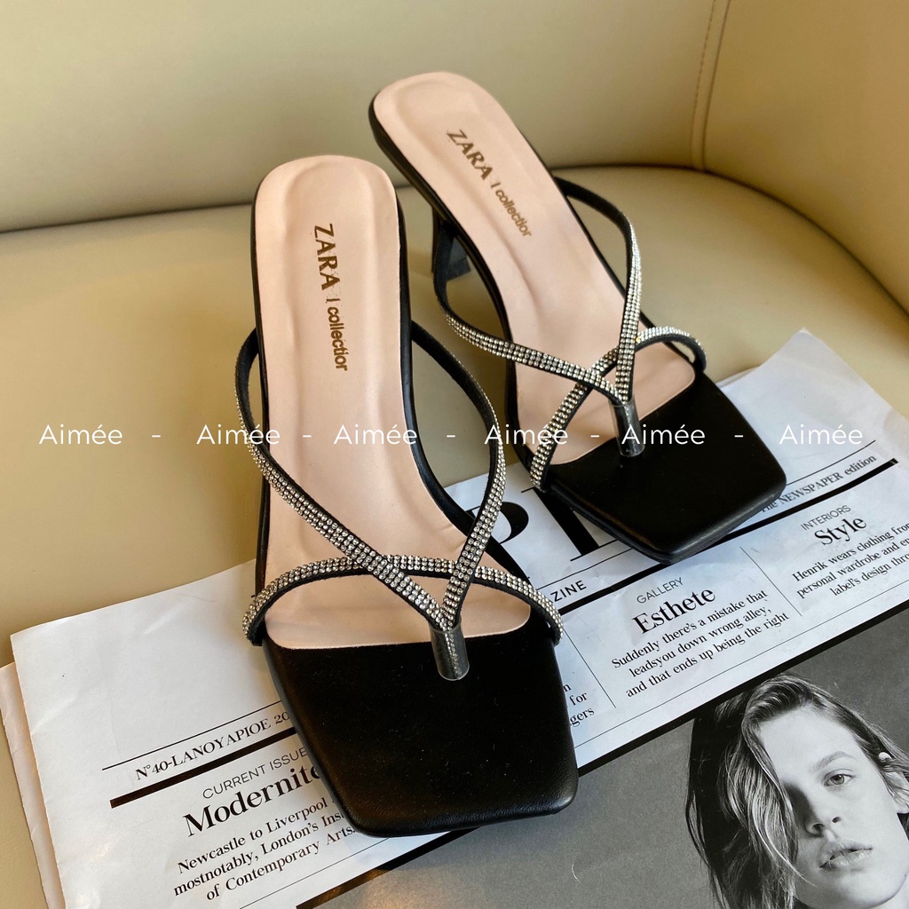 Dép Nữ Dây Mảnh Đính Đá Cao Gót 5 Phân Đế Vuông Phối Những Bộ Cánh Siêu Xinh