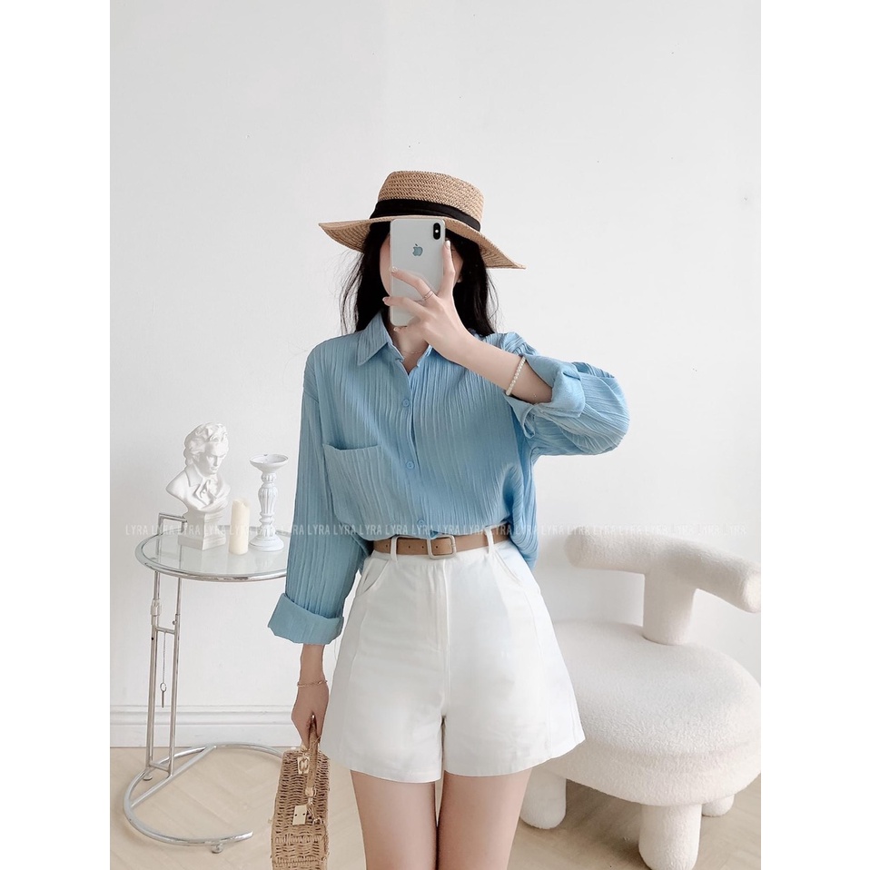 Áo sơ mi tăm gân đũi xốp dáng Hàn oversize trùm mông