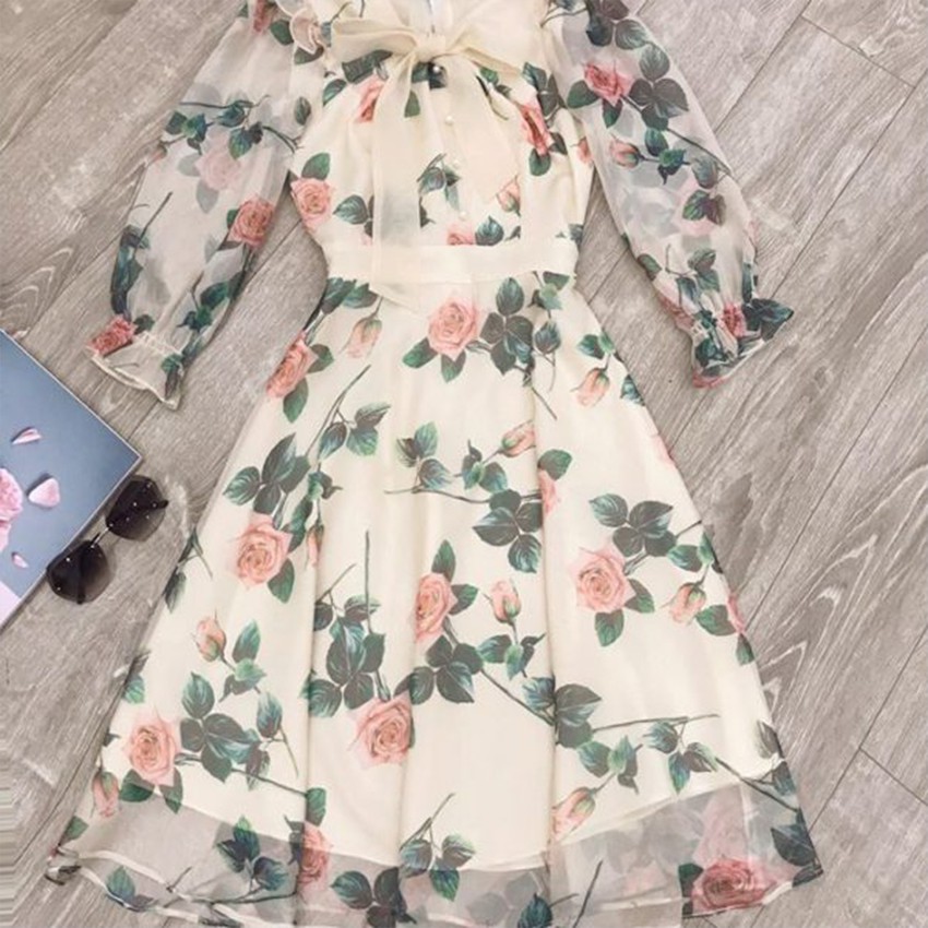 Váy Hoa Dài Tay Thắt Nơ Cổ V Hàng Thiết Kế Cao Cấp 2 Lớp Mềm Mịn Thấm Hút Mồ Hôi [Ảnh Thật Shop Tự Chụp] | BigBuy360 - bigbuy360.vn