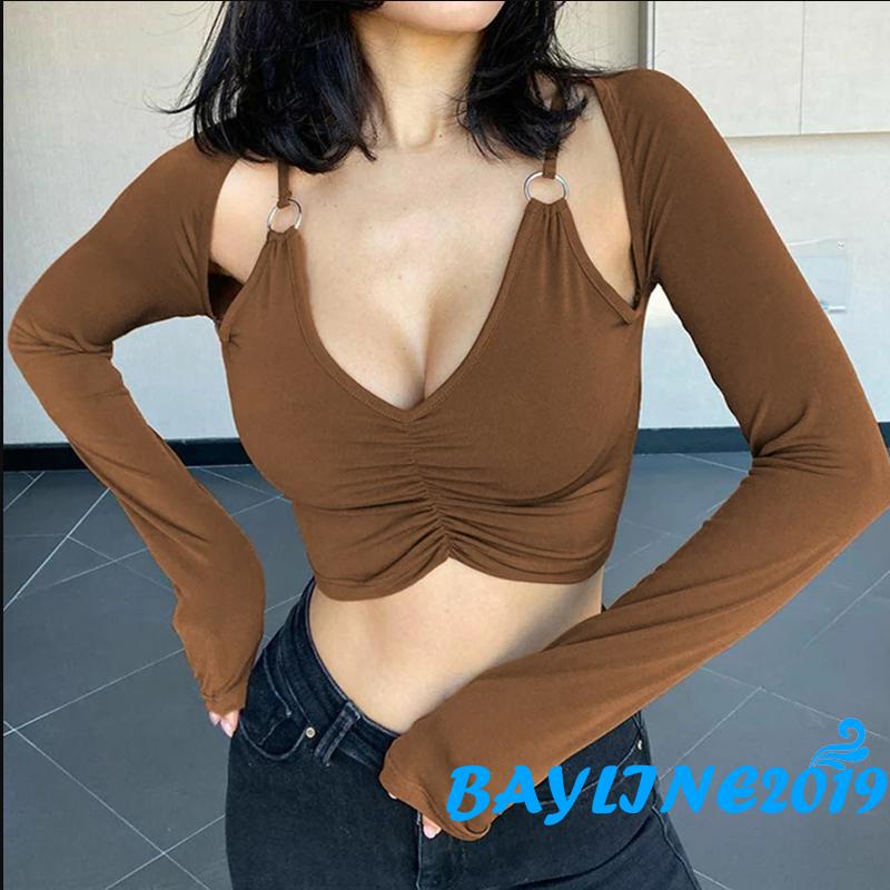 Áo Croptop Tay Dài Cổ Chữ V Màu Sắc Trơn Thời Trang Mùa Hè Dành Cho Nữ