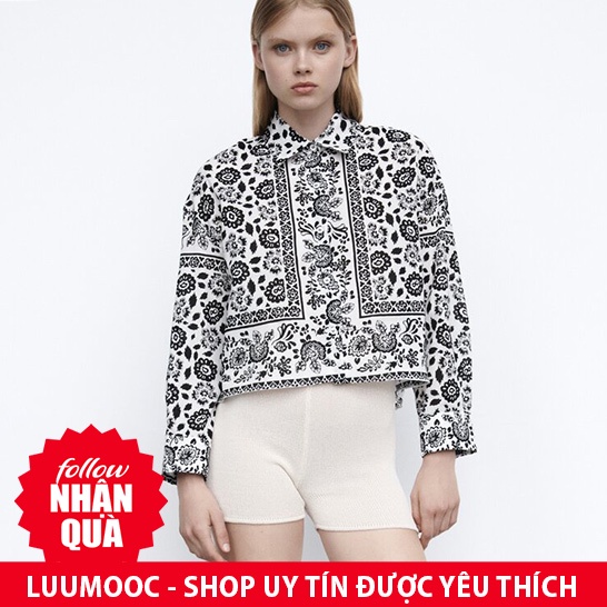 Áo Zara sơ mi họa tiết hoa đen trắng AH07SMG40N7