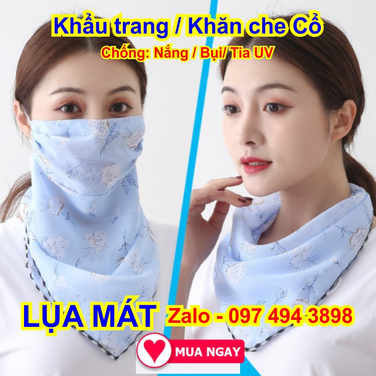 Khẩu trang kèm khăn che cổ bằng vải lụa mát, chống nắng mặt &amp; cổ mát rượi màu xanh da trời