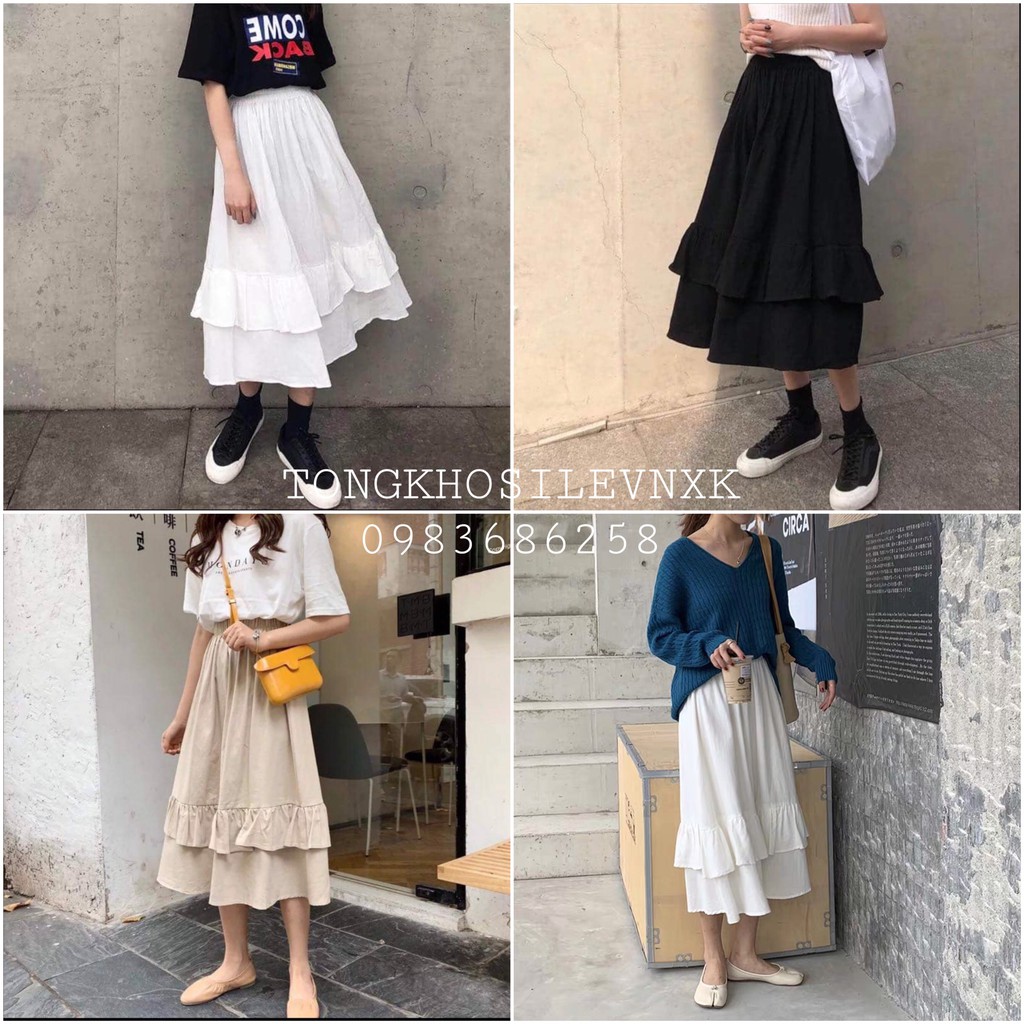 CHÂN VÁY XÒE XẾP BÈO 2 TẦNG - CHÂN VÁY DÁNG DÀI TẦNG VẠT BÈO 3 MÀU ULZZANG