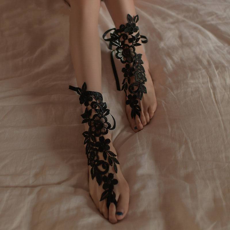 Dây Buộc Chân Chất Liệu Chiffon Phối Ren Màu Đỏ Đen Trắng Phong Cách Retro Quyến Rũ Cho Nữ