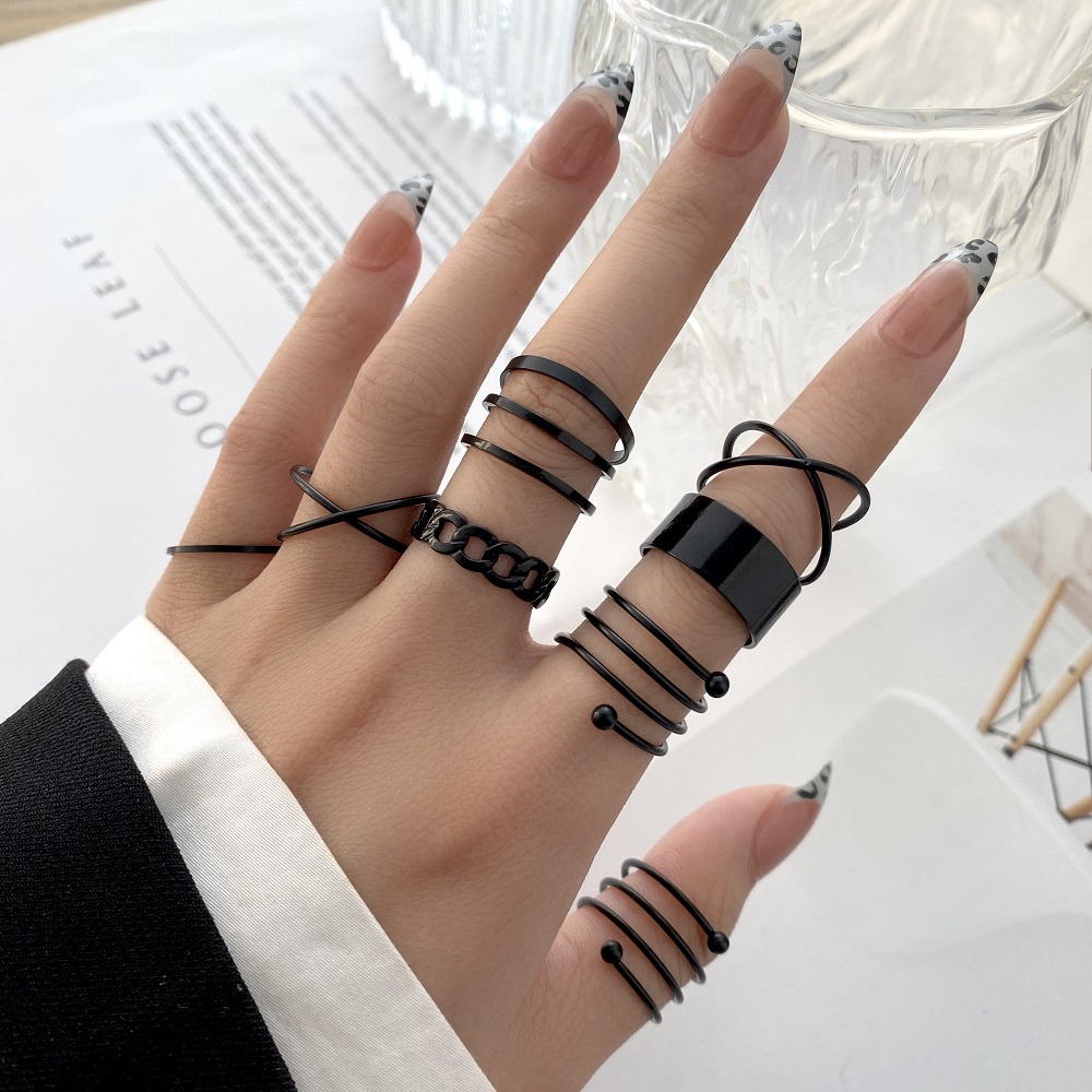Set nhẫn 17KM màu đen thời trang đính ngọc trai/ pha lê/ bướm/ đan lưới/ lượn sóng cá tính cho nữ