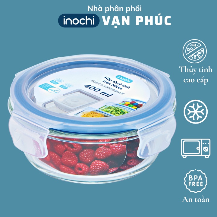 Hộp cơm thủy tinh tròn 400 ml, đựng thức ăn văn phòng, thực phẩm, Inochi Nikko Nhật Bản, chịu nhiệt cao, Vạn Phúc