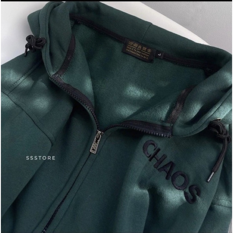 Áo khoác HOODIE thêu chữ CHAOS màu xanh rêu - chất nỉ bông dày mũ 2 lớp freesize form rộng dành cho nam nữ