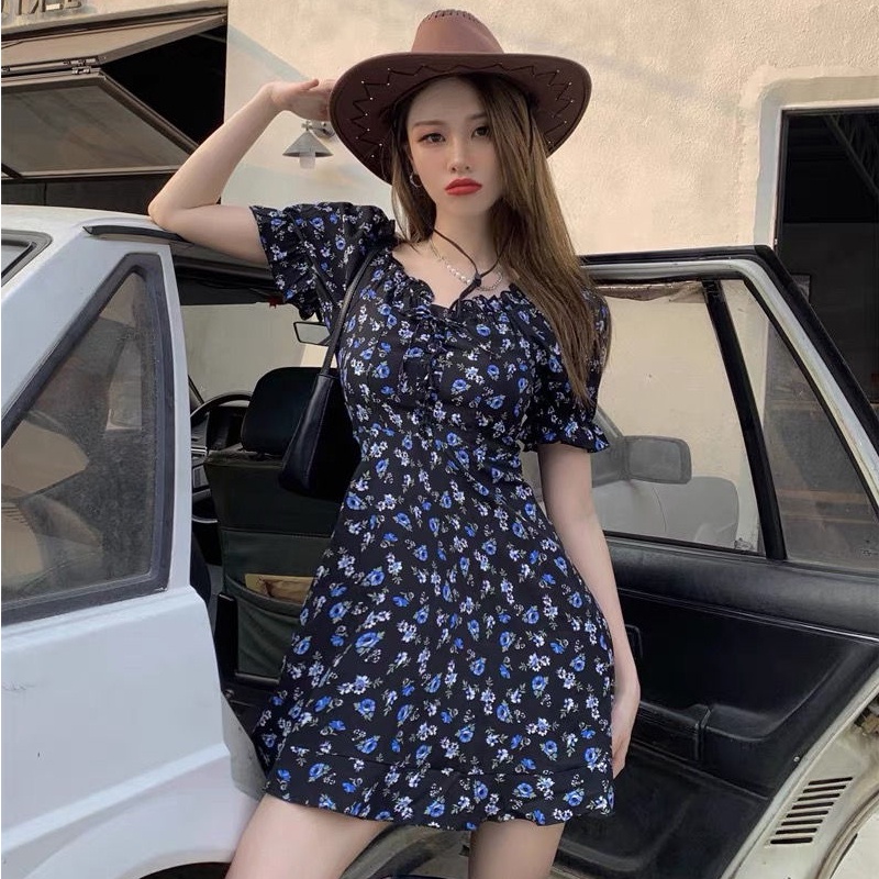 Đầm PERTY cổ vuông họa tiết hoa phong cách Hàn Quốc thời trang mùa hè xinh xắn dành cho nữ