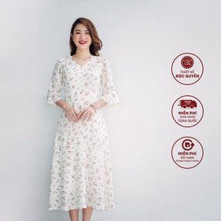 Đầm maxi hoa nhí TTV996 TTV Store dáng dài cổ sóng nước tay chuông màu kem hoa