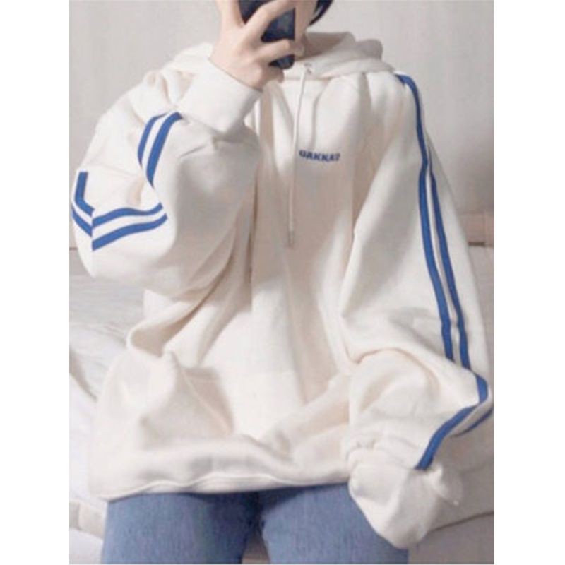 [Hàng order] Áo nỉ hoodie trắng kem sọc xanh xinh xinh (ảnh thật) | BigBuy360 - bigbuy360.vn