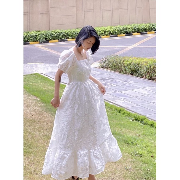 Jane Đầm trắng cổ tích hoa voan dịu dàng trễ vai tay phồng ( kèm ảnh feelback )