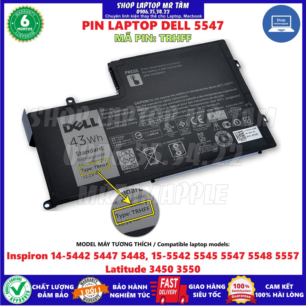 (BATTERY) PIN LAPTOP DELL 5547 (ZIN) - 3 CELL - Inspiron 14-5447, 15-5545, 15-5547, 15-5548