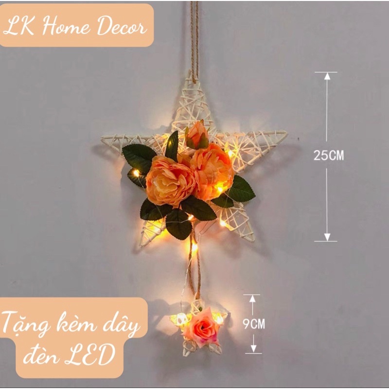 Phụ kiện treo tường Set ngôi sao 5 cánh có gắn hoa kèm đèn LED treo tường trang trí phòng ngủ, bàn học , nhà cửa