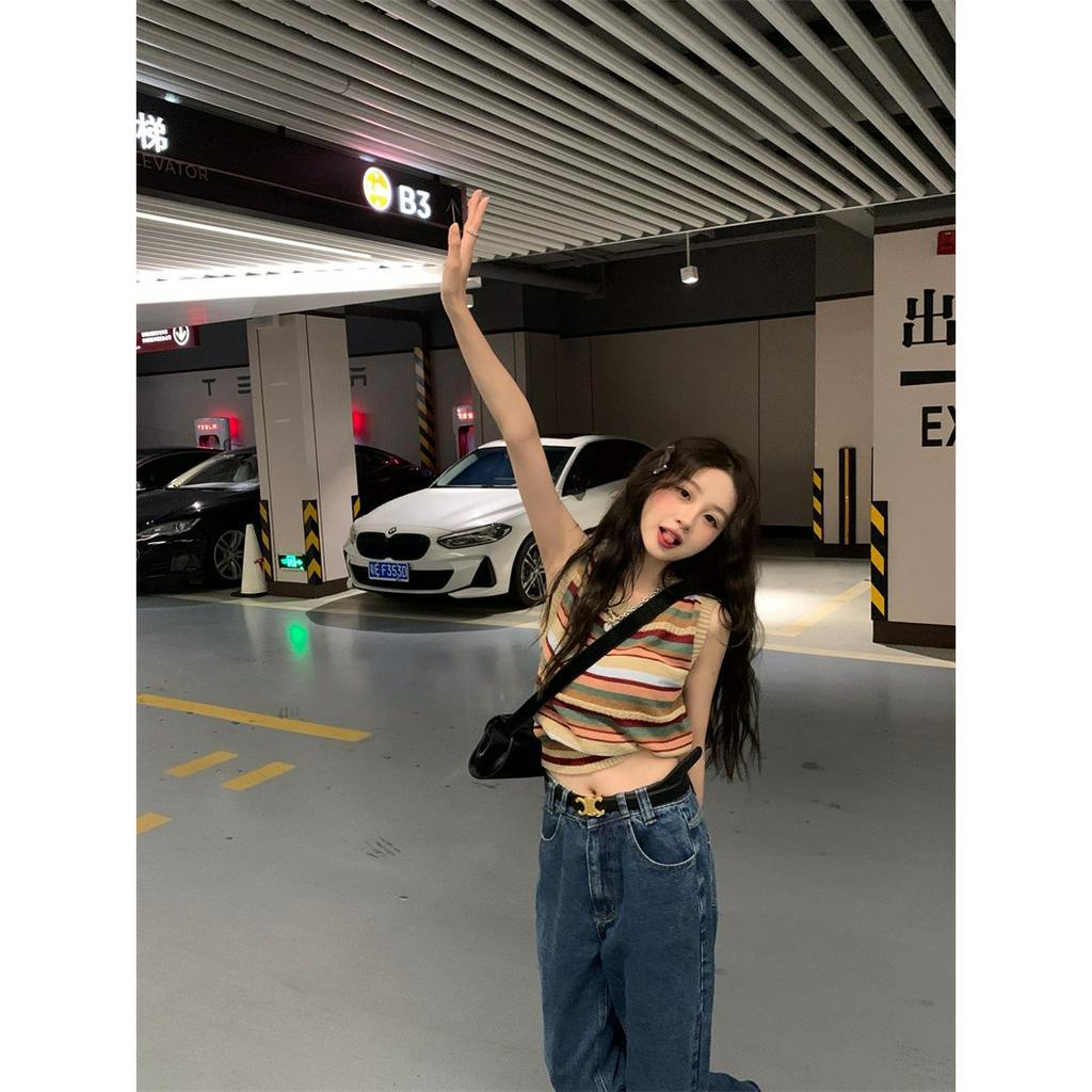 ZHELIHANGFEI Áo Dệt Kim Hai Dây Ôm Dáng Phong Cách Ngọt Ngào