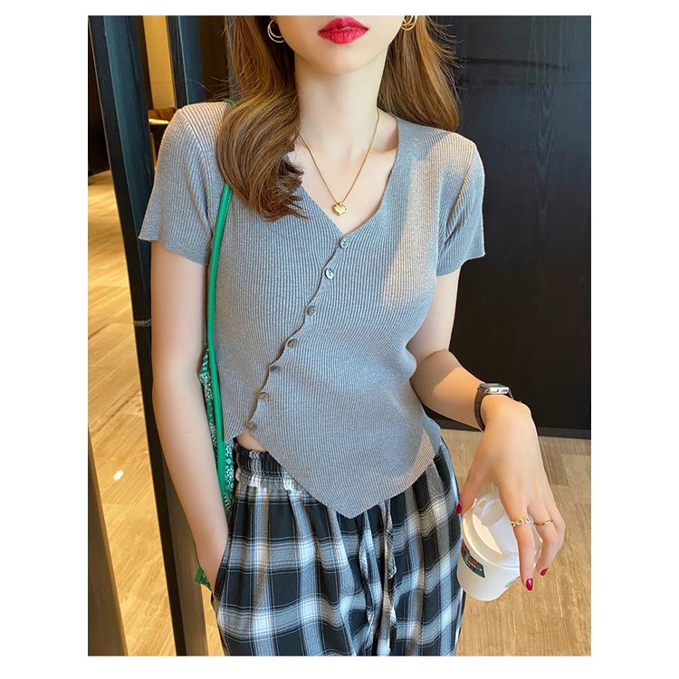 DUNEA Áo Thun Tay Ngắn Cổ Chữ V Thiết Kế Không Đồng Đều Quyến Rũ Thời Trang Cho Nữ