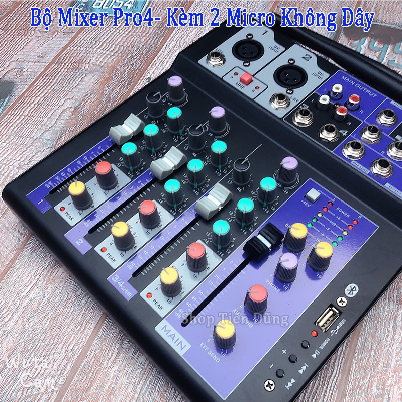 Bộ Mixer Pro4 Bản Nâng Cấp Của Mixer F4 và Mixer G4 Đi Kèm 2 Micro Không Dây, Pro-4 Hỗ Trợ Bluetooth USB  Karaoke live