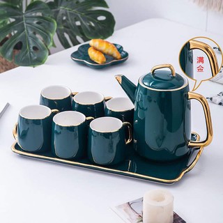  BỘ ẤM CHÉN KÈM KHAY BẰNG SỨ MÀU XANH CỔ VỊT,MÀU TRẮNG VIỀN VÀNG 