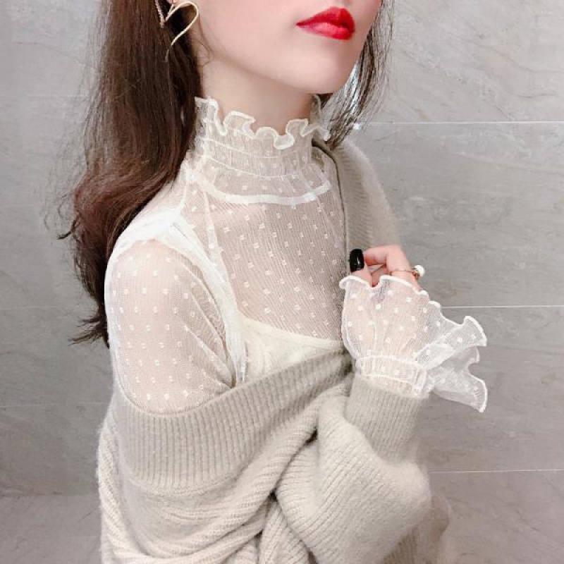 Áo Sơ Mi Phối Ren Lưới Tay Loe Cổ Cao Phong Cách Phương Tây Họa Tiết Chấm Bi Mùa Xuân Hè Cho Nữ