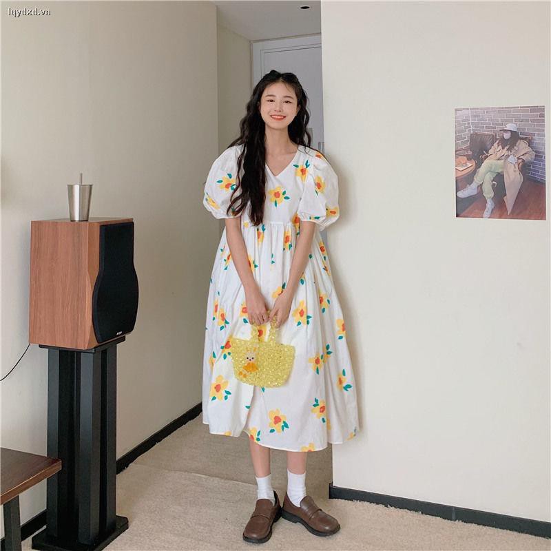 Đầm Chữ A Tay Phồng Họa Tiết Hoa Phong Cách Nhật Bản Thời Trang Cho Nữ
