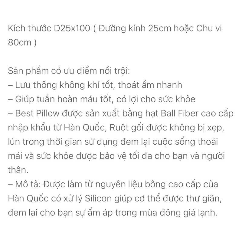 Ruột gối ôm D25x100 Hanvico