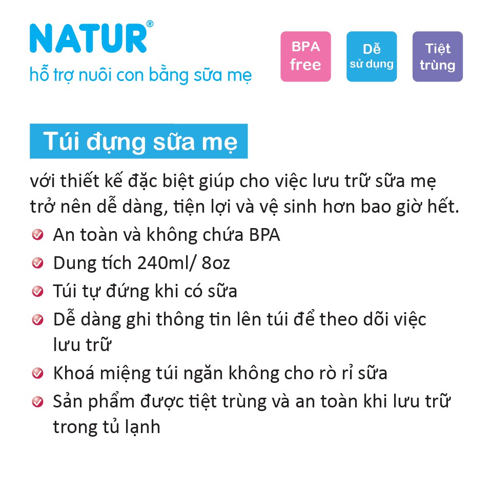 Hộp 50 Túi Trữ Sữa NATUR BPA-free 240ml  + tặng 1 hộp nhựa thực phẩm cao cấp Thái Lan