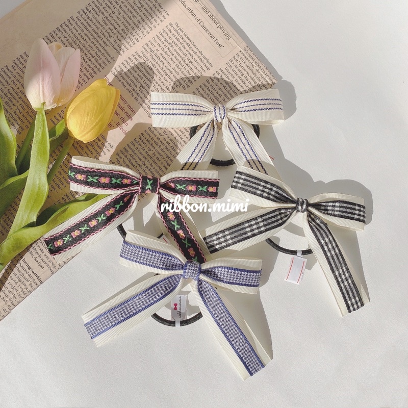 [ Hàng Thiết Kế ] Kẹp Tóc Nơ Phối Kiểu Sọc Handmade vải Cao Cấp Ribbon.mimi Kimi cột / kẹp