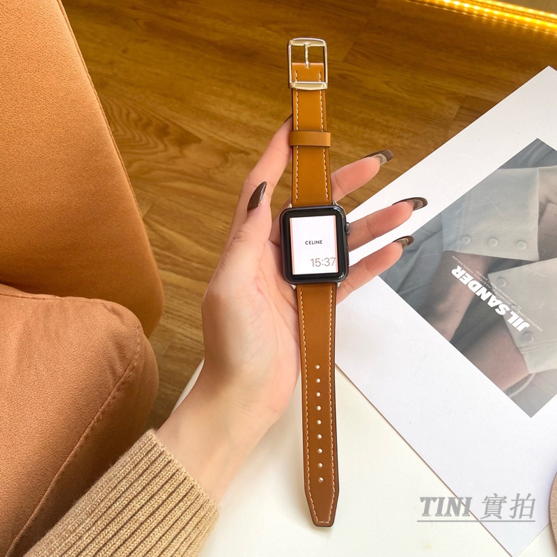 Dây Đeo Bằng Da Thật Có Khóa Vuông Cho Đồng Hồ Thông Minh Apple Watch Series 7 SE 6 5 4 3 2 38mm 40mm 41mm 42mm 44mm 45mm