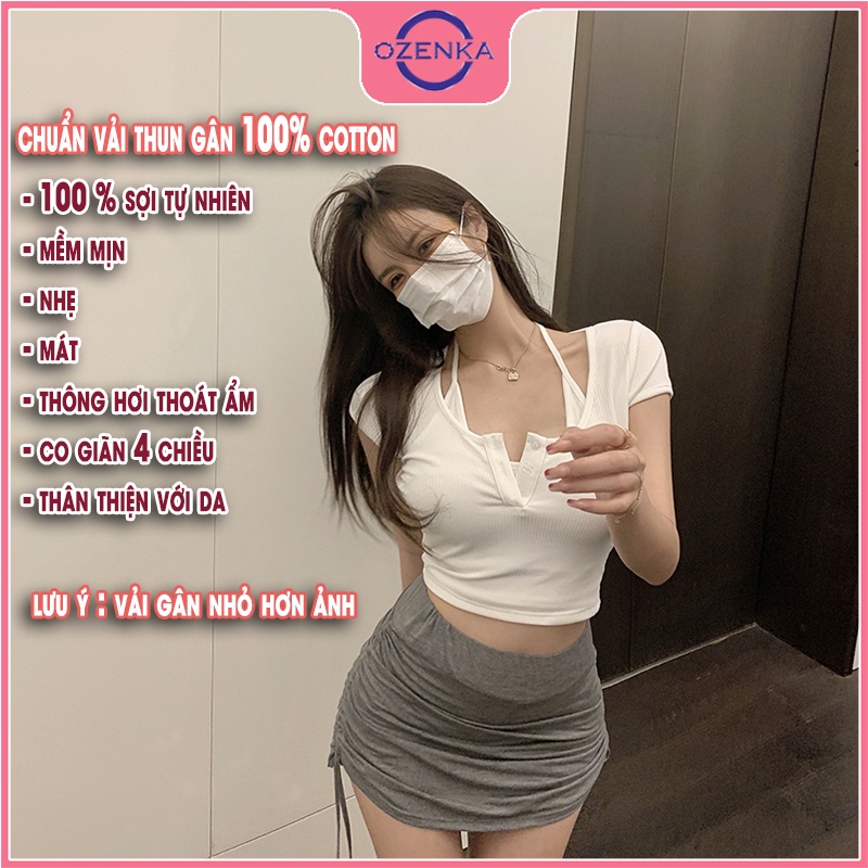 Áo croptop nữ kiểu hàn quốc cổ yếm 2 lớp OZENKA , áo phông crt ôm body cài khuy cotton 100% màu đen trắng dưới 55 kg