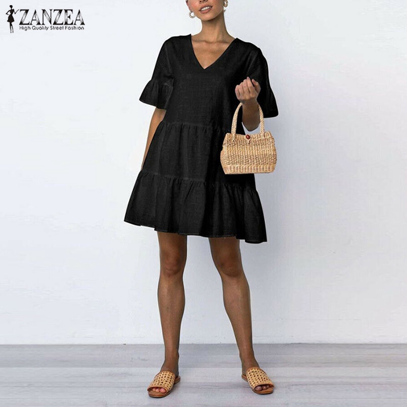 ZANZEA Đầm Nữ Tay Ngắn Cổ V Thời Trang Quyến Rũ